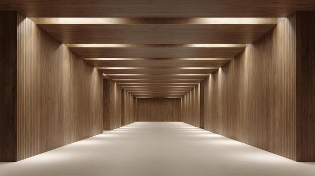 Minimalist Wooden Corridor with Symmetrical Lighting Design, Creating a Sense of Depth and Architectural Elegance photo