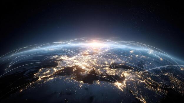 Global Network Connections Visualized from Space High-Definition Image of Earth with Luminous City Lights photo