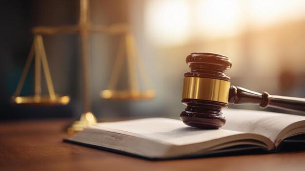Justice Gavel Resting on Legal Book with Scales of Justice in Background Representing Law and Order photo
