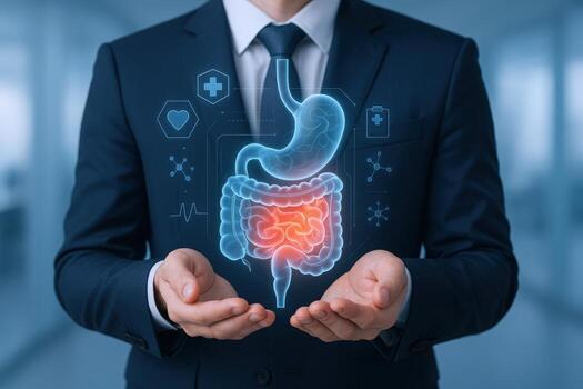 Man in Suit Presenting a Holographic Image of the Digestive System, Focusing on Gut Health photo