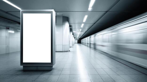 Blank Billboard Mockup in Subway Station with Passing Train for Advertising Campaign photo