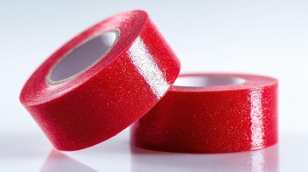 Two rolls of red adhesive tape with sparkling surface on a white background, close-up photo