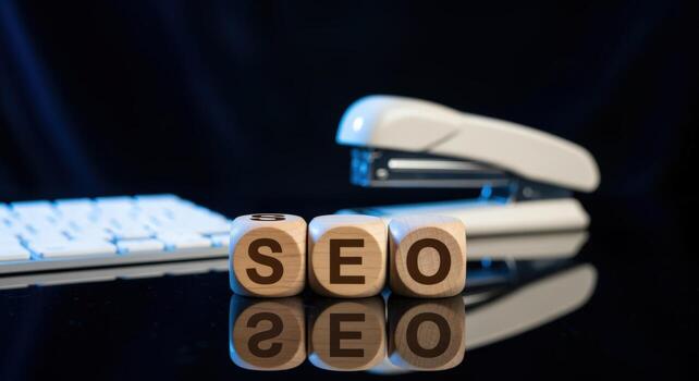SEO Concept with Wooden Blocks, Keyboard, and Stapler on a Reflective Surface, Illustrating Digital Strategy photo