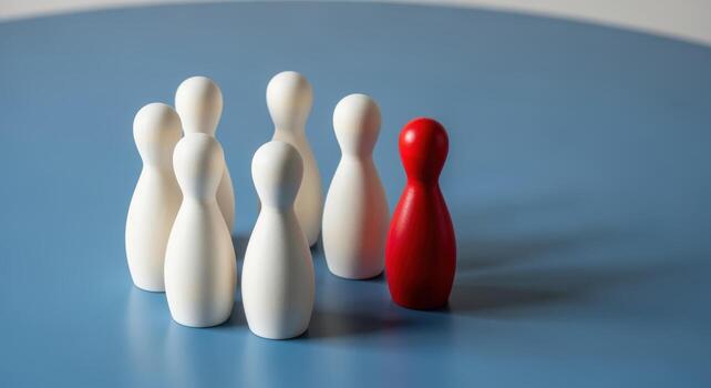 Unique Red Figure Standing Out from Group of White Figures, Indicating Leadership and Individuality photo