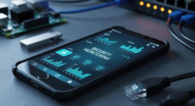 Mobile Security Monitoring App Displayed on Smartphone with Network Hardware Components in Background photo