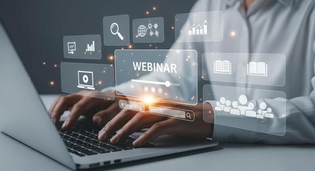 Attending Online Webinar Presentation on Laptop Virtual Conference, Webcasts, Internet Technology and Education Concept photo