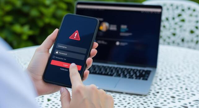 Mobile Security Alert Woman Holds Phone with Login Error Message, Laptop in Background photo