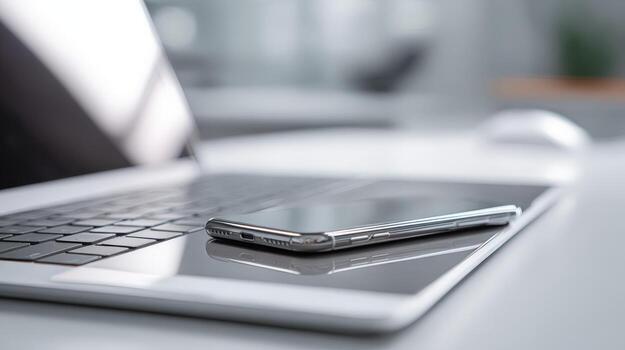Smartphone Resting on Laptop Keyboard in Modern Office Setting, High-Resolution Close-Up for Business and Technology Concepts photo