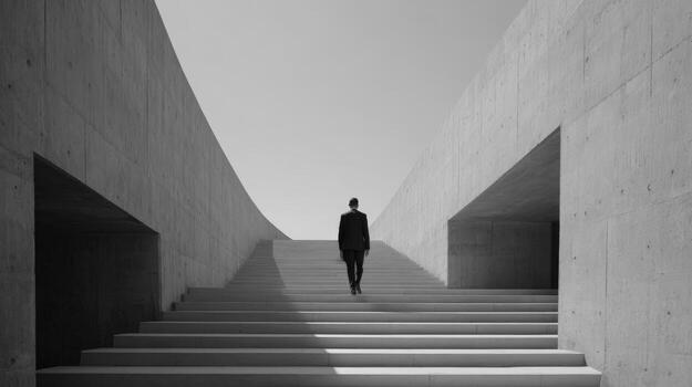 Monochrome Image of a Businessman Ascending Concrete Stairs in a Modern Architectural Setting photo