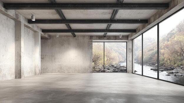 Empty Modern Loft Space with Concrete Walls, Large Windows Overlooking Autumn Scenery and River photo