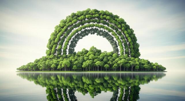 lozano verde pabellón formado en un arco forma terminado agua superficie, reflejando cielo y arboles foto