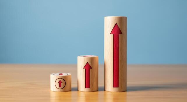 crecimiento gráfico representado por de madera bloques con apuntando hacia arriba flechas simbolizando éxito y positivo Progreso foto