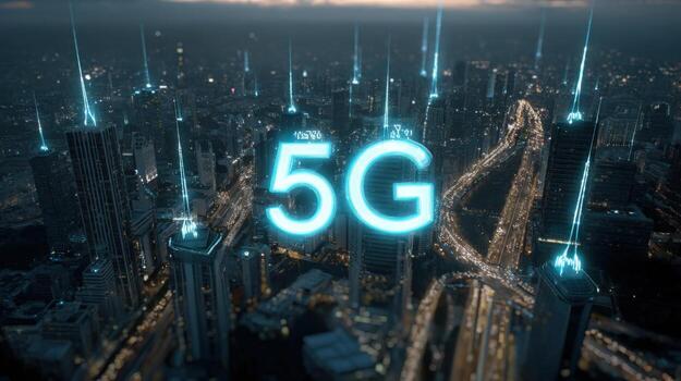 Futuristic Cityscape with Glowing Digital Network Connectivity, Representing High-Speed 5G Wireless Technology and Urban Innovation photo