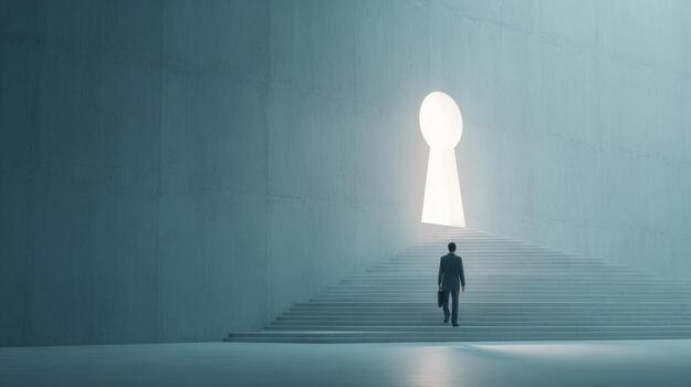 Businessman Ascending Staircase Towards Keyhole Shaped Doorway, Symbolizing Opportunity, Success, and Overcoming Challenges in a Minimalist, Dreamlike Setting photo