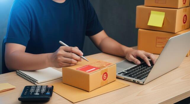 Small Business Owner Preparing Orders with Laptop and Boxes for E-commerce Shipping at Home photo