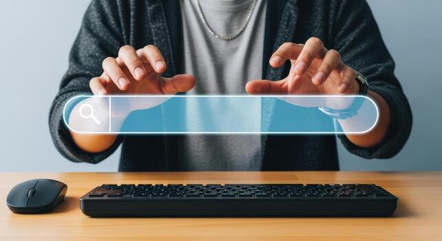 Hands Hovering Over Search Bar on Computer, Concept for Internet Research, Online Information Seeking photo