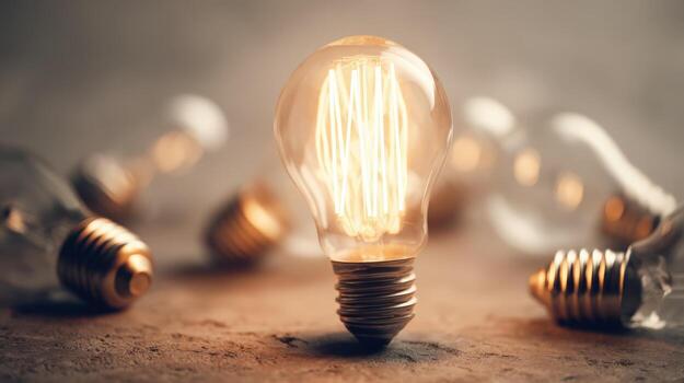 Illuminated Lightbulb Among Inactive Bulbs on Textured Surface Showcasing Innovation and Idea Generation photo