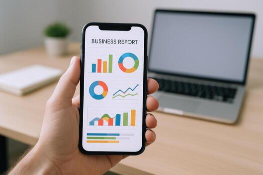 Business report app on smartphone with charts, data, and graphs for financial analysis and performance review photo