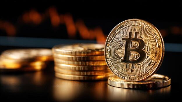 Golden Cryptocurrency Coins Stacked with Financial Graph Background Representing Digital Currency Investment and Blockchain Technology photo