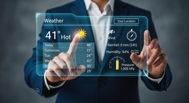 Man Interacting with Weather Forecast Application on Digital Interface Showing Sunny Hot Day photo
