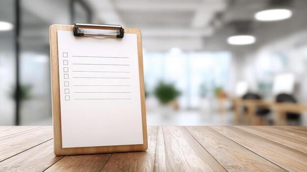 Clipboard with Checklist on Wooden Desk in Modern Office for Business Management, Planning, and Organization photo