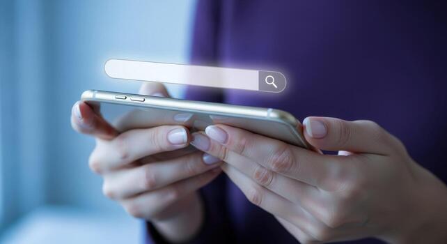 Woman Using Mobile Phone with Search Bar Overlay for Online Shopping or Information Seeking photo