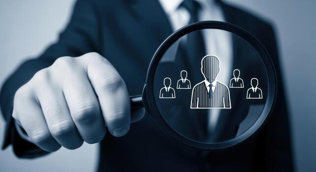 Recruiter Analyzing Potential Candidates Through Magnifying Glass, Emphasizing Talent Acquisition and Human Resources Concepts photo