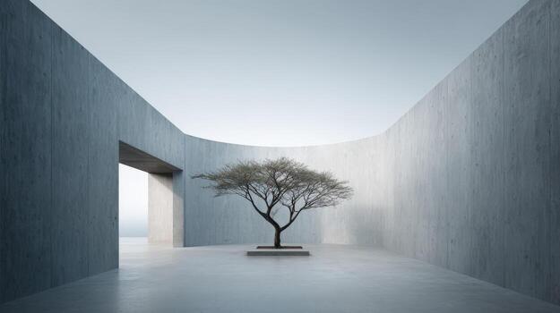Minimalist Architectural Space Featuring a Tree, Offering Serenity and Modern Design Aesthetics for Contemplative Visuals photo