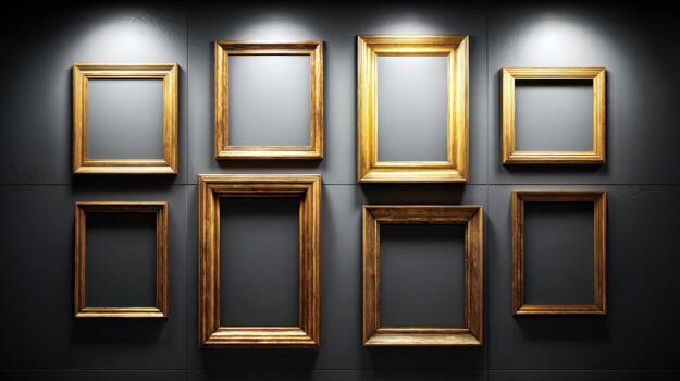 Elegant Collection of Empty Gold Frames on a Dark Wall for Gallery or Home Decor Mockup photo