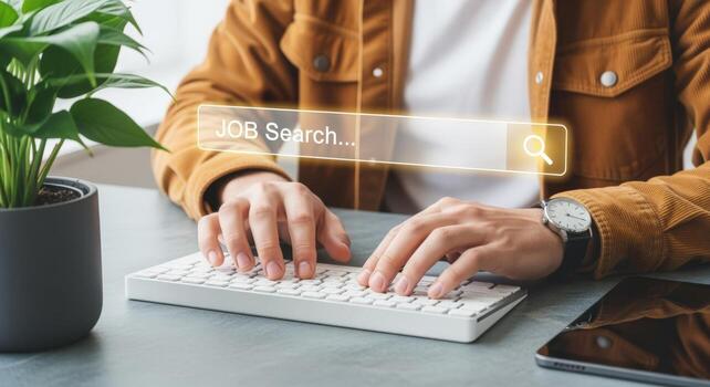 Job Search Concept Person Typing on Keyboard with Search Bar Overlay for Employment Opportunities photo