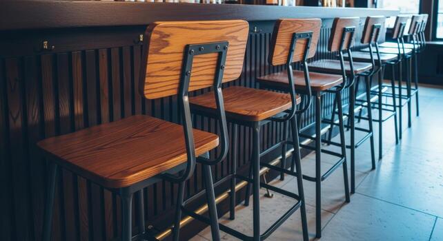 Row of Wooden Bar Stools at Counter Interior Design and Furniture Photography photo