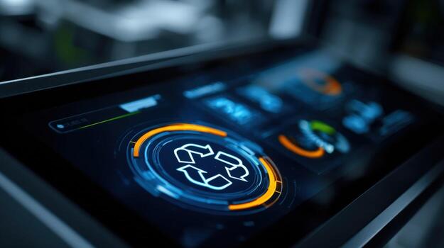 Recycle Symbol on High-Tech Display Screen Illustrating Sustainable Technology and Environmental Consciousness, Innovation photo