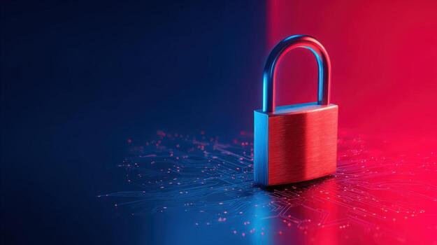 Padlock on digital surface with blue and red lights symbolizing security, privacy, and cybersecurity concept photo