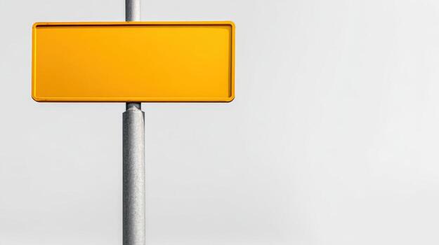 Bright Yellow Signboard Mockup on Gray Pole Against a Clean White Background, Ideal for Custom Messaging photo