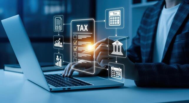 Tax Filing Concept with Person Using Laptop and Digital Interface for Financial Planning photo