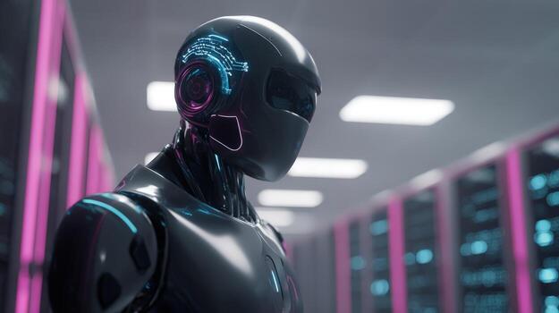 Advanced Humanoid Robot in Data Center Futuristic AI, Machine Learning and Server Technology photo
