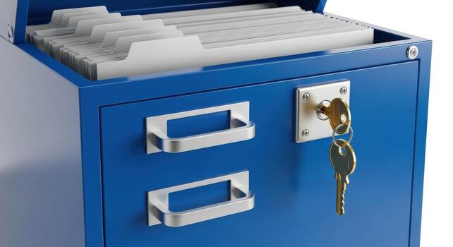 Blue Filing Cabinet with Key, Open Drawer Showing Hanging Folders, Isolated on White Background photo