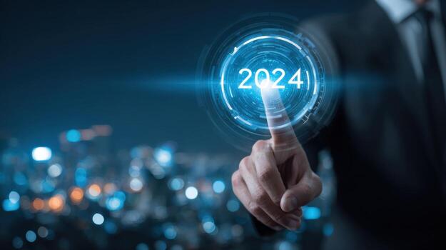 Businessman Touching 2024 Digital Interface New Year, Technology, Innovation, and Future Business Planning photo