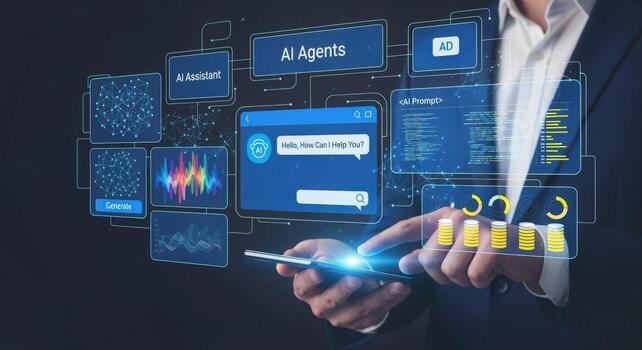 AI-Powered Business Businessman Using Smartphone to Interact with Artificial Intelligence Agents and Digital Interface photo