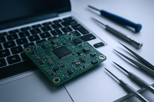 Laptop Repair with Circuit Board and Precision Tools Close-up Electronics Maintenance and Technology Concept photo
