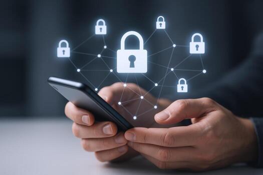 Mobile Security Concept Person Holding Smartphone with Lock Icons, Data Protection and Cybersecurity photo