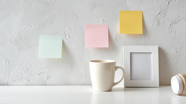 Minimalist Workspace Mockup with Picture Frame, Coffee Mug, and Sticky Notes on Textured White Background photo