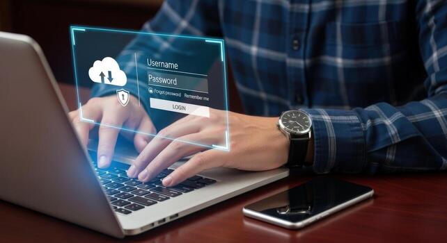 Cloud Security Access Man Typing Username and Password on Laptop, Secure Digital Login photo