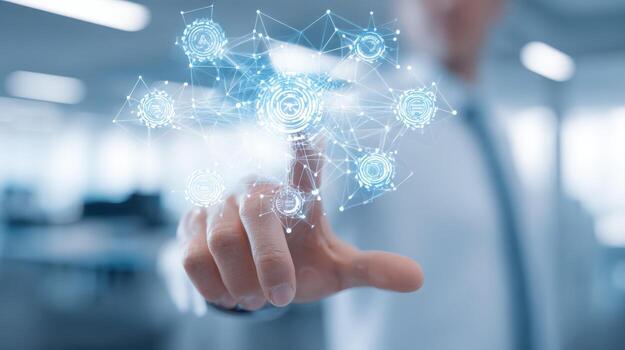 Businessman Interacting with Digital Network Interface Representing Futuristic Technology and Connectivity, Innovation and Development photo
