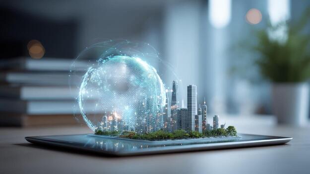 Digital Cityscape on Tablet Futuristic Urban Planning and Technology Integration Concept for Smart City Development photo