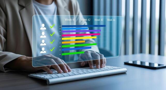 Businesswoman Analyzing Project Timeline with Interactive Dashboard, Project Management and Task Management Concept photo