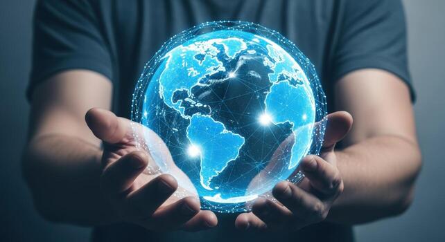 Person Holding a Digital Globe, Representing Global Technology, Communications, and Interconnectivity in a Modern World photo