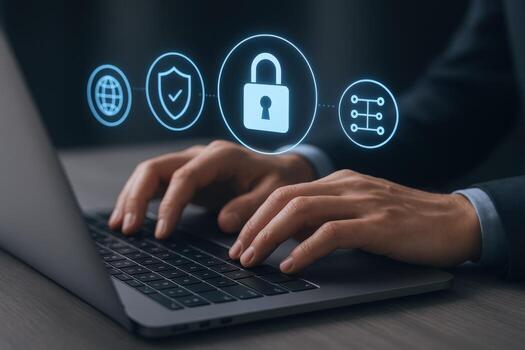 Cybersecurity Protection Man Typing on Laptop with Security Icons Overlay, Data Encryption and Privacy Concept photo
