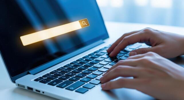 Online Searching with Hands Typing on Laptop Keyboard and Digital Search Bar Illustration photo