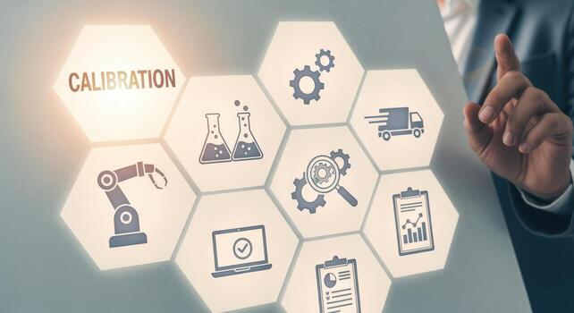 Calibration Process Visualization with Industrial Technology Icons, Person Pointing Towards the Screen, Automated Manufacturing photo
